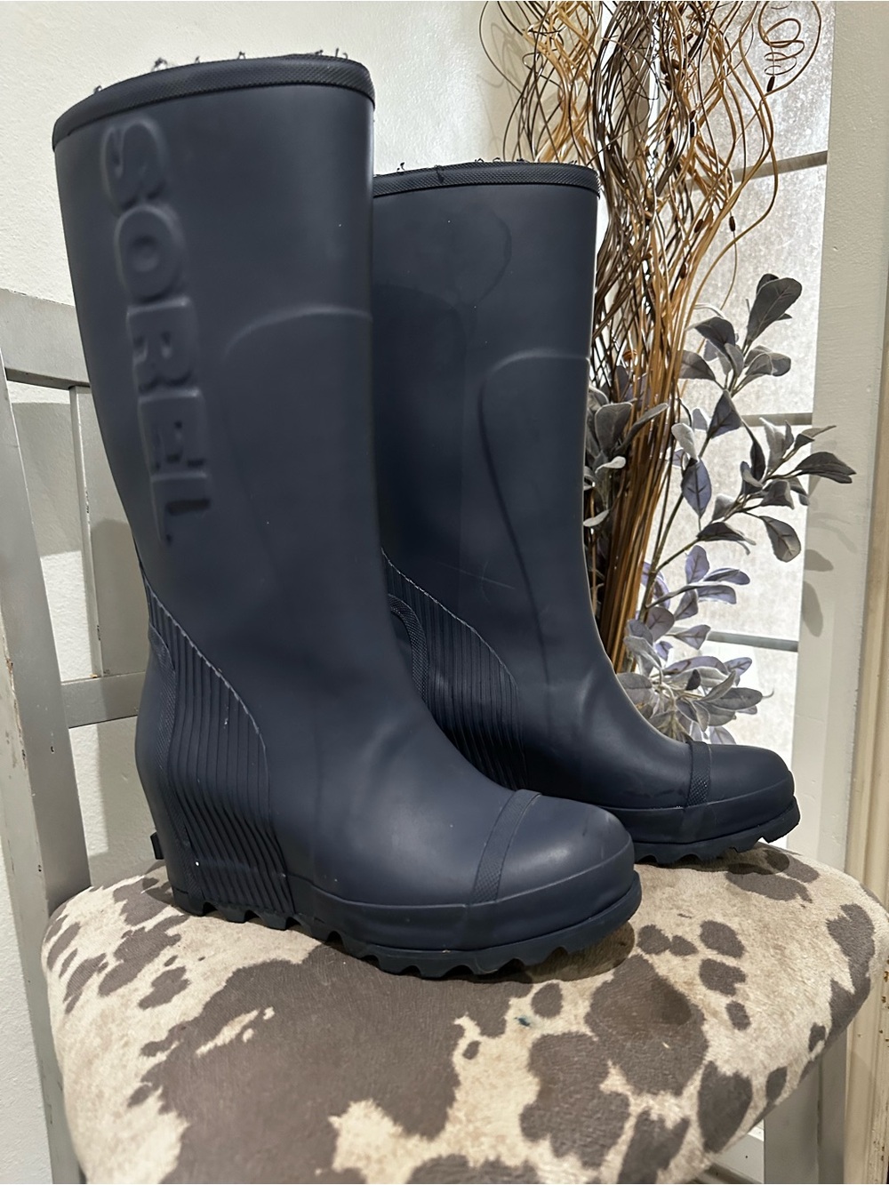 Sorel Navy Joan Wedge Waterproof Rain Boots